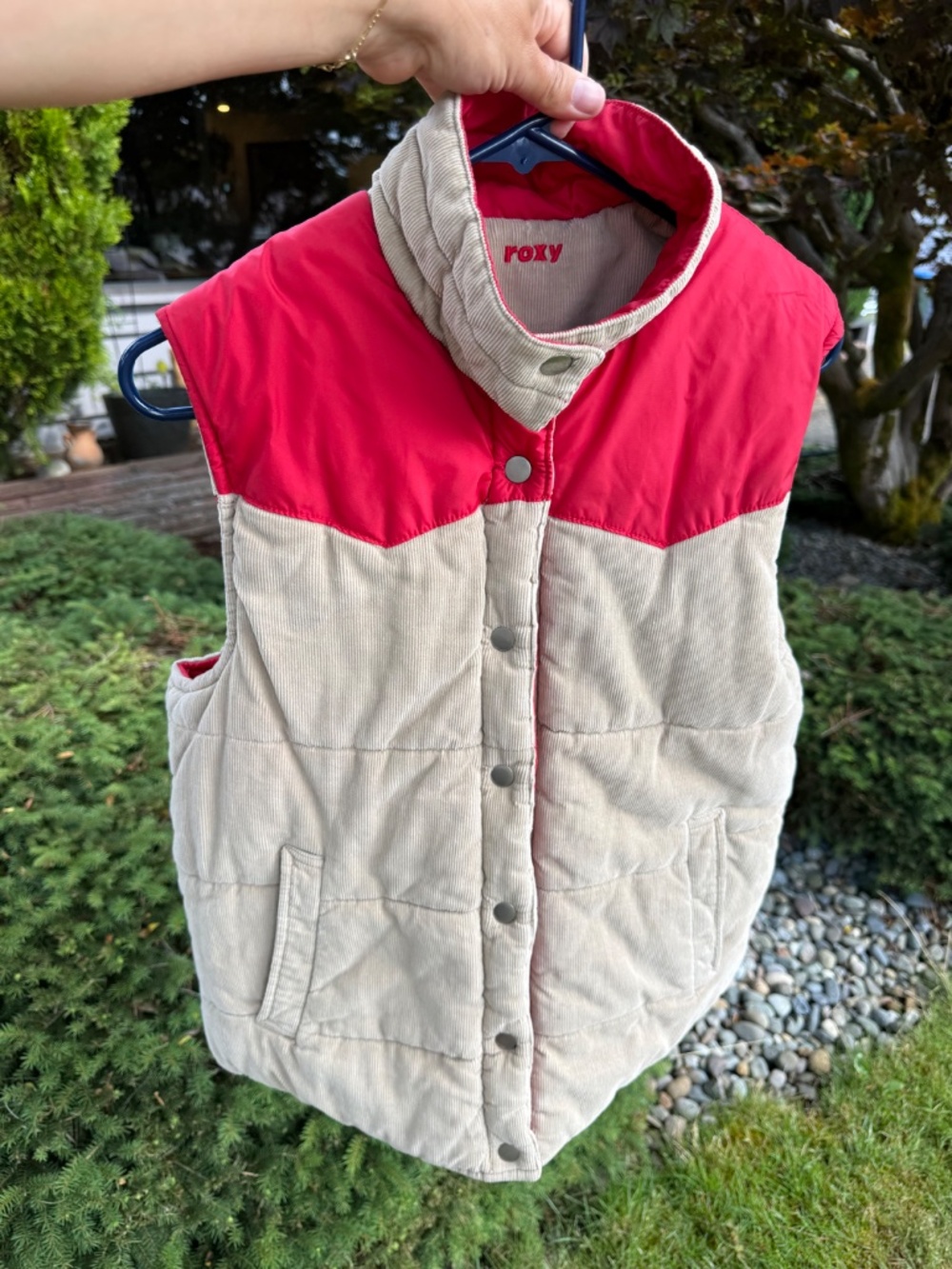 ROXY Vintage 90s Y2K Corduroy Red & Tan Reversible Bomber Puffer Vest Women’s M. - Picture 3 of 10